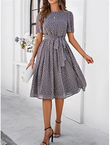  Damen Freizeitkleid Swing Kleid Blumendruck Rundhals Midikleid Stilvoll Casual Täglich Date Kurzarm Sommer