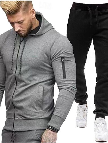  Voor heren Trui met capuchon Trainingspak Hoodie met volledige rits sweatsuit Zwart Wijn Lichtgrijs Grijs Capuchon Effen 2-stuks Sport & Outdoor Dagelijks Feestdagen Streetwear Basic Casual Lente