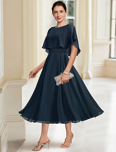  Strandhochzeit A-Linie Mutter der Braut Kleid Elegantes Schmuckkragen Tee Länge Chiffon Halbschulter mit Spitze 2025 kostenlose Maßanfertigung