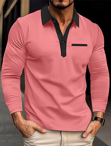  Per uomo Maglia da golf Polo da Golf Casuale Lavoro Bavero Manica Lunga Essenziale Moderno Blocco di colori Patchwork Bottoni Primavera & Autunno Vestibilità regolare Bianco Rosa scuro Maglia da golf