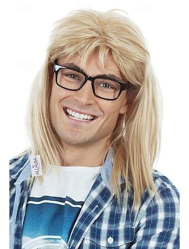  Garth Perücke 90er Gitarrenrocker blonde Mullet Perücke für Männer 80er Punk Heavy Metal blonde Mullet Perücken kompatibel mit Garth Perücke für Karneval Halloween Perücken