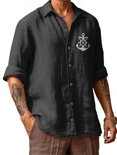  Herren Strandhemd Baumwoll-Shirt Anker Outdoor Urlaub Schwarz Weiß Rosa Blau Langarm Kargen Frühling & Herbst Bekleidung Grafik