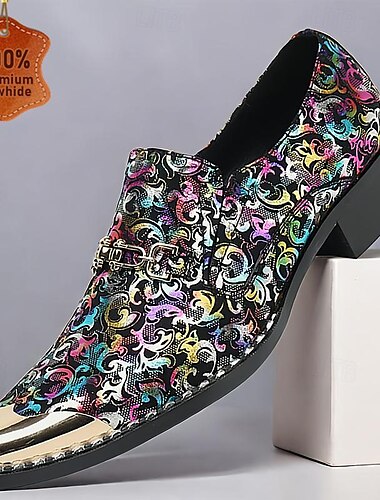  Mehrfarbige Herrenschuhe aus Leder mit Blumenmuster - Slipper aus hochwertigem Rindsleder mit Metallkappe für formelle Anlässe
