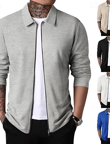  Homens Jaqueta de Camisa Jaqueta de Transição Diário Respirável Bolsos Todas as Estações Tecido Clássico Lapela Padrão Tecido Waffle Preto Branco Azul Royal cáqui Cinzento Claro Casaco
