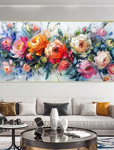  Pintura a óleo de flor colorida original feita à mão em tela abstrata floral decoração de arte de parede sala de estar decoração de casa com moldura esticada/sem pintura de moldura interna