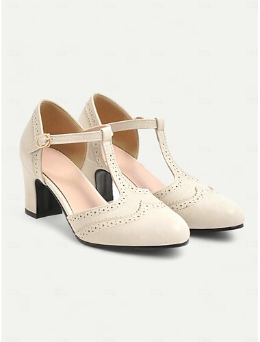  Elegante Vintage-Pumps mit T-Riemchen und dickem Absatz für Damen – braune Brogue-Pumps aus Leder für Oktoberfest, Retro und Abendgarderobe
