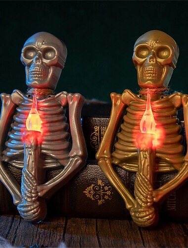  Calavera de Halloween, esqueleto, luz LED, luces de velas electrónicas, atmósfera aterradora, decoraciones, accesorios, luz, candelabro de calavera, colgante de decoración del festival fantasma