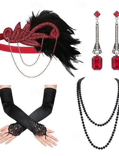  1920er Der große Gatsby Outfits Flapper-Stirnband Der große Gatsby Hochzeitsgast Kragenlos Damen Halloween Karneval Maskerade Party Maskerade Hochzeitsempfang Erwachsene Handschuhe Halskette Ohrring