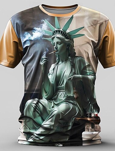  Herren Graphic Freiheitsstatue T Shirt Kurzarm T-Shirt 3D-Druck Rundhalsausschnitt Hemd Retro Vintage Brautkleider schlicht Streetstyle Sports Outdoor Festtage Ausgehen Blau Orange Frühling Sommer