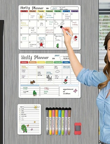  Magnetic Dry Erase Calendar Whiteboard Set with Monthly Weekly Daily Notepads 8 Markers 1 Eraser