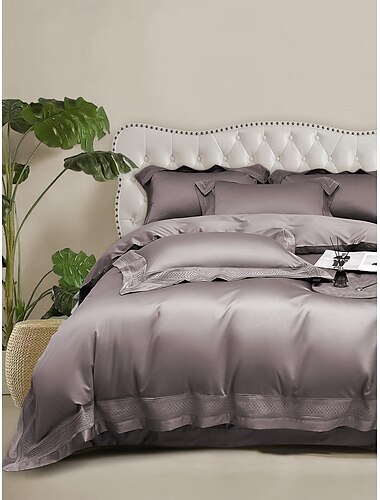  Funda nórdica de algodón pima 100% puro, juego de 4 piezas, juego de cama de satén sedoso suave de lujo de 140 hilos, 1 funda nórdica, 1 sábana plana y 2 fundas de almohada