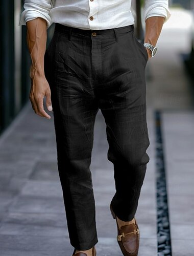  Herren Anzughose Leinenhosen Hose Sommerhose Knöpfe Gerader Schnitt Einfach Komfort Atmungsaktiv Volle Länge Geschäft Täglich Streetwear Stilvoll Schwarz Weiß