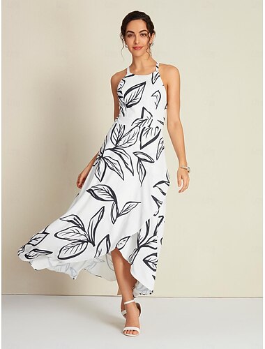  בגדי ריקוד נשים שמלה הדפסה שמלת מקסי שחור- לבן ללא שרוולים צמחים מכפלת לא סדירה דפוס גב מוצלב קיץ צוואר הלטר חופשה יום יומי קז'ואל S M L