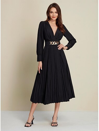  Robe longue plissée en satin noir pour invités de fête/mariage, col en V profond, manches longues, ceinture, robe pour impressionner 2024