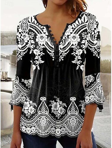  Damen Tunika T-Shirt Grafik Elegant Vintage 3/4 Länge Ärmel Eingekerbter Hals Reguläre Oberteile Täglich Ausgehen Rüsche Knöpfe Schwarz Frühling Herbst