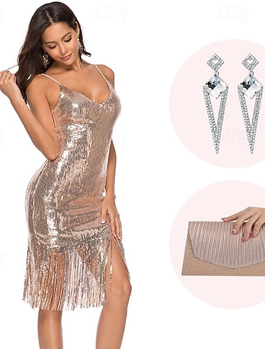  Loucos anos 20 Anos 20 Até os Joelhos Vestido melindroso Roupa Sem Mangas O Grande Gatsby Convidado do casamento Paetês Franjas Decote V Fantasia Mulheres Natal Carnaval Baile de Máscaras Festa de