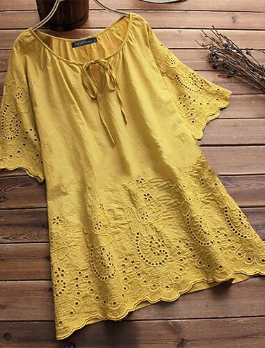  Dame Skjorte Bomulds Blanding Bluse Blondér Blonder Vanlig Mode Rund hals Daglig Gade Hvid Gul Lyserød Grøn Sommer