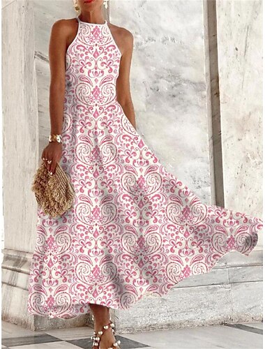  dames casual jurk bloemenprint ronde hals maxi lange jurk casual dagelijks vakantie mouwloos zomer lente
