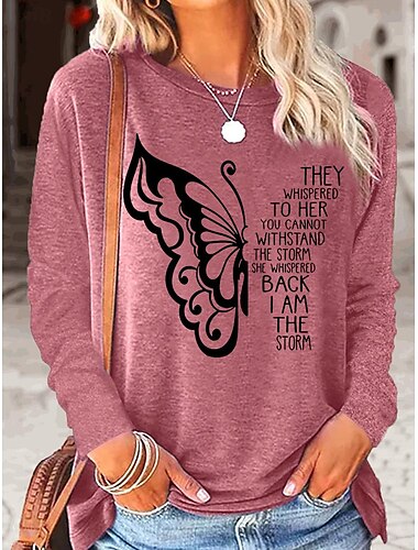  Damen T Shirt Schmetterling Buchstabe Modisch Brautkleider schlicht Langarm Rundhalsausschnitt Normale Oberteile Täglich Bedruckt Rosa Blau Khaki Frühling & Herbst Frühling, Herbst, Winter, Sommer