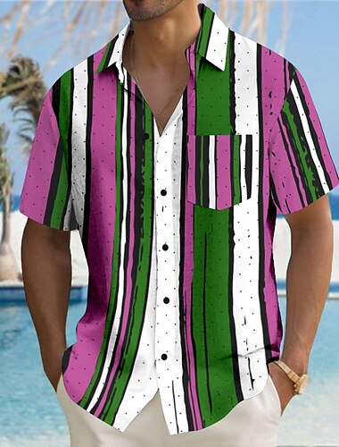  Men's Striped Geometric Pattern Button Up Shirt Printed Shirts Short Sleeve Hawaiian Resort Outdoor Business / Ceremony / Wedding Summer Turndown Print Button-Down Yellow Pink Blue Gray