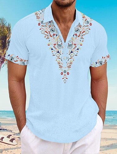  Herren Blumen Knopfhemd Henley Shirt Kurzarm Hawaiianisch Resort Outdoor Karriere/ Zeremonie / Hochzeit Casual Sommer Frühling Herbst Umlegekragen Weiß Blau Khaki