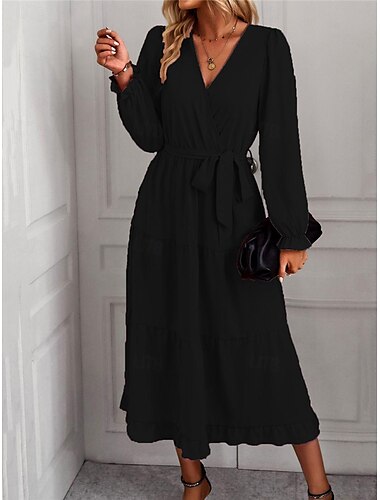  Damen Casual kleid Maxidress mit Schnürung Rüsche Verabredung Urlaub Elegant Strassenmode V Ausschnitt Langarm Schwarz Rosa Dunkelgrün Farbe