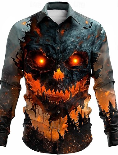  Halloween Grimasse Brautkleider schlicht Dunkel Herren Hemd Knopfhemd Langarm Partyabend Herbst Winter Frühling Sommer Umlegekragen Hemdkragen Knopf hoch 3D-Druck Dünn Orange Polyester