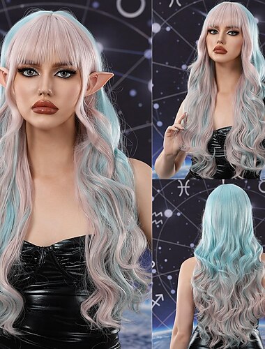 Synthetische Peruc Krullend Diep Krullend Midden Deel Laagjes Haar Snit Machine gemaakte Peruc 26 inch Roze  Paars Synthetisch Haar Vrouwen Cosplay Feest Mode Natuurlijke Zwarte Halloween Perücken
