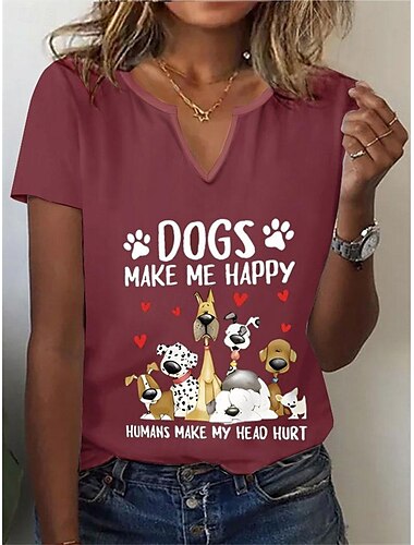  Damen T-Shirt Henley Shirt Basic Hund Buchstabendruck Kurzarm Normale Oberteile V-Ausschnitt Alltag Wochenende Schwarz Weiß Rot