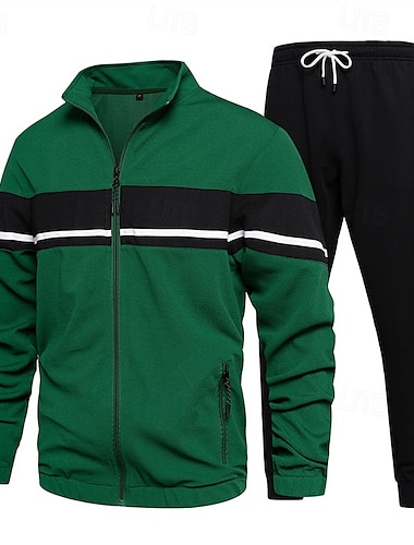  Voor heren Trainingspak sweatsuit Sweatshirt met volledige ritssluiting Zwart Groen Khaki Opstaande boord Kleurenblok Lapwerk 2-stuks Sport & Outdoor Dagelijks Feestdagen Streetwear Basic Casual