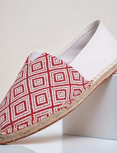  Rot-weiß gemusterte Espadrilles für Damen – bequeme Slipper aus Canvas mit natürlicher Jutesohle für den Sommer