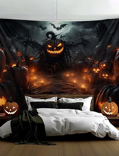  Halloween Dekorationen hängenden Wandteppich böse Kürbisse Jack o Laterne Wandkunst große Wandteppich Wandbild Dekor Fotografie Hintergrund Decke Vorhang Haus Schlafzimmer Wohnzimmer