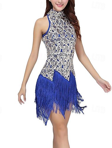  Flapper-Kleid mit Pailletten und Quaste für Damen, ärmellos, Stehkragen, glitzernde Fransen, Latein-Kleider, Salsa-Cha-Cha-Jazz-Tanzkostüme