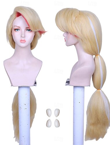  Long Blonde with Pink Cosplay Wig with Fangs for Women Costume Halloween Cosplay Party Wigs