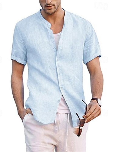  Pánské Košile plátěná košile Bavlněná lněná košile Čínská košile s límečkem Košile s mandarinkovým límečkem Letní košile Bez vzoru Dovolená Ležérní Černá Bílá Námořnická modř Vodní modrá Krátký rukáv