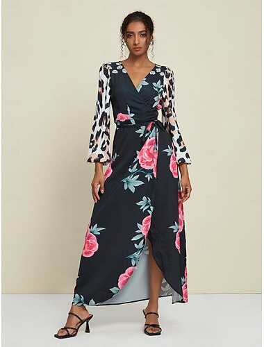  Robe longue en satin à imprimé léopard et fleurs pour invités de mariage, manches courtes, col en V