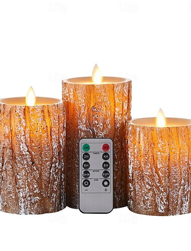  Flammenlose Kerzen, Licht aus Holz, Kieferneffekt, batteriebetrieben, flackernde Kerzen mit beweglichem Docht, Licht 4, 5, 6, Set mit 3 realistischen elektrischen LED-Kerzen aus Kiefernrinde mit Fernbedienung