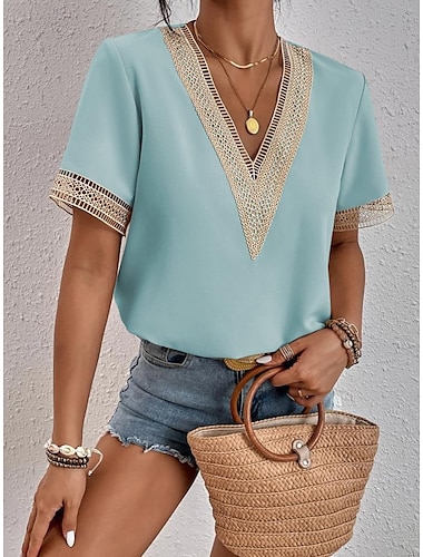  Hauts en dentelle élégants pour femmes Blouse en œillets Travail en dentelle Moderne À manches courtes Hauts romantiques petits pour l'été Vacances Noir Été Printemps Blouses semi-formelles
