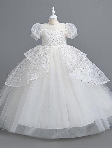  Blumenmädchenkleid Mädchen Party Kleid Leistung Hochzeit Party Prinzessin Schön Süß Pailletten Gitter Feste Farbe Kurzarm Rundhalsausschnitt Weiß Rosa 4-12 Jahre