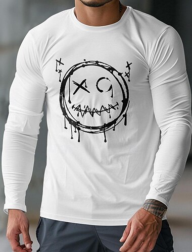  Divertente Faccia sorridente Nero Bianco Blu scuro maglietta Per uomo Grafico 100% cotone Camicia Classico Informale Camicia Manica lunga Maglietta comoda Primavera Autunno Abbigliamento di stilista
