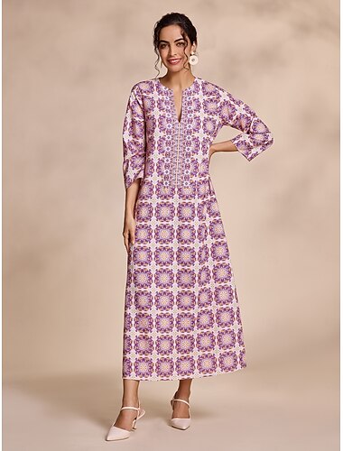  robe longue ethnique à col cranté et fleurs