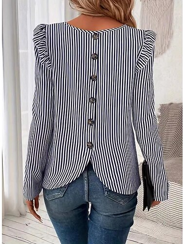  Femme Tunique Rayé mode manche longue Col Ras du Cou Travail du quotidien A Volants Ourlet Asymétrique Bleu Printemps Automne