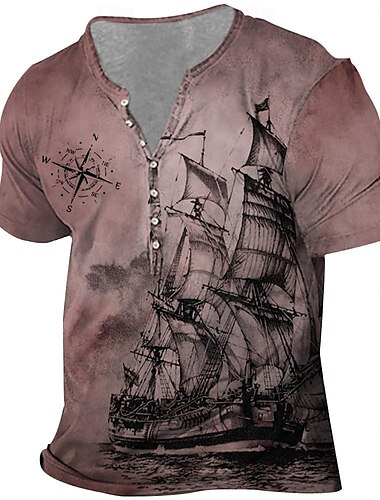  Herren Schiff T Shirt Kurzarm 3D-Druck Vintage Täglich Sommer Frühling Herbst Rote Marineblau Braun Grün Grau Henley-Kragen Henley T-Shirt