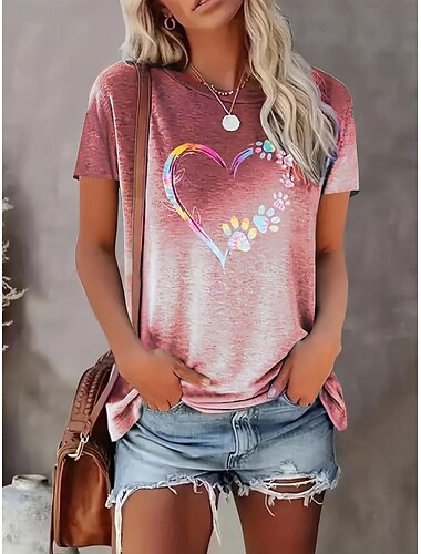  Damen T-Shirt Casual Print Kurzarm Normal Oberteile Rundhals Alltag Rot Blau Grün Grau Sommer