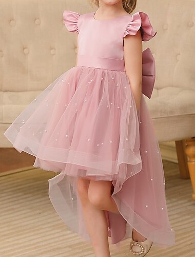  kinderkleidung Mädchen Blumenmädchen Kleid Party Kleid Feste Farbe Ärmellos Hochzeit Party Besondere Anlässe Rüschen Rückenfrei Krawattenknoten bezaubernd Süß Polyester Asymmetrisch abendkleider
