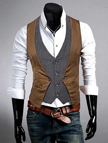  Herren Weste Hochzeit Veranstaltung / Fest Täglich Modisch Geschäftlich Frühling & Herbst Patchwork Taste 2 in 1 Polyester Komfortabel Farbblock Einreiher - 1 Knopf V Ausschnitt Regular Fit Schwarz