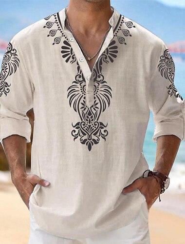  Herren Hemd Knopfhemd Henley Shirt Langarm Stamm Modisch lässig Strand Design Urlaub Normal Casual Sommer Frühling & Herbst Mandarinkragen Stehkragen Knopf Bedruckt Weiß Gelb Blau Beige