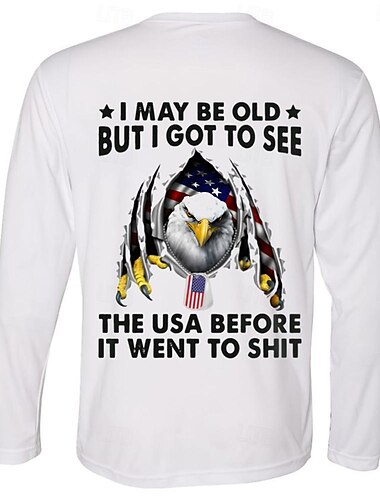  Amerikanische US-Flagge Adler Brief drucken Hellgrau meliert Weiß T Shirt Herren Grafik 100% Baumwolle Hemd Klassisch Brautkleider schlicht Hemd Langarm Bequemes T-Shirt Frühling Herbst