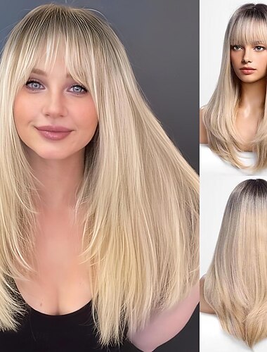  Perruques ombrées blondes pour femmes racine foncée longue droit perruque en couches avec frange fibre résistante à la chaleur perruques synthétiques d'apparence naturelle quotidienne d'Halloween
