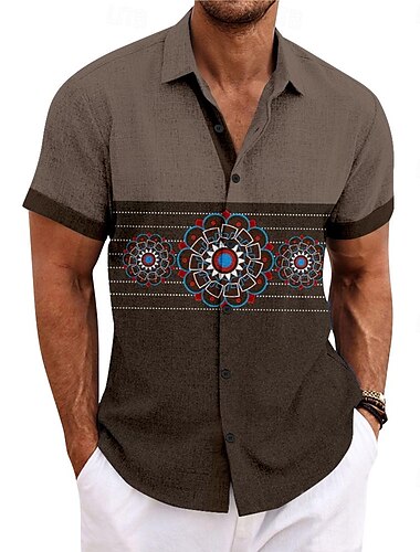  Herren Ethnisch Hemd Knopfhemd Kurzarm Brautkleider schlicht Stamm Urlaub Täglich Sommer Frühling Umlegekragen Knopf hoch 3D-Druck Blau Braun Grau